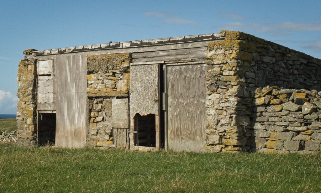 Detailed texture study of an old, weathered stone shed with wooden doors on a Fair Isle clifftop