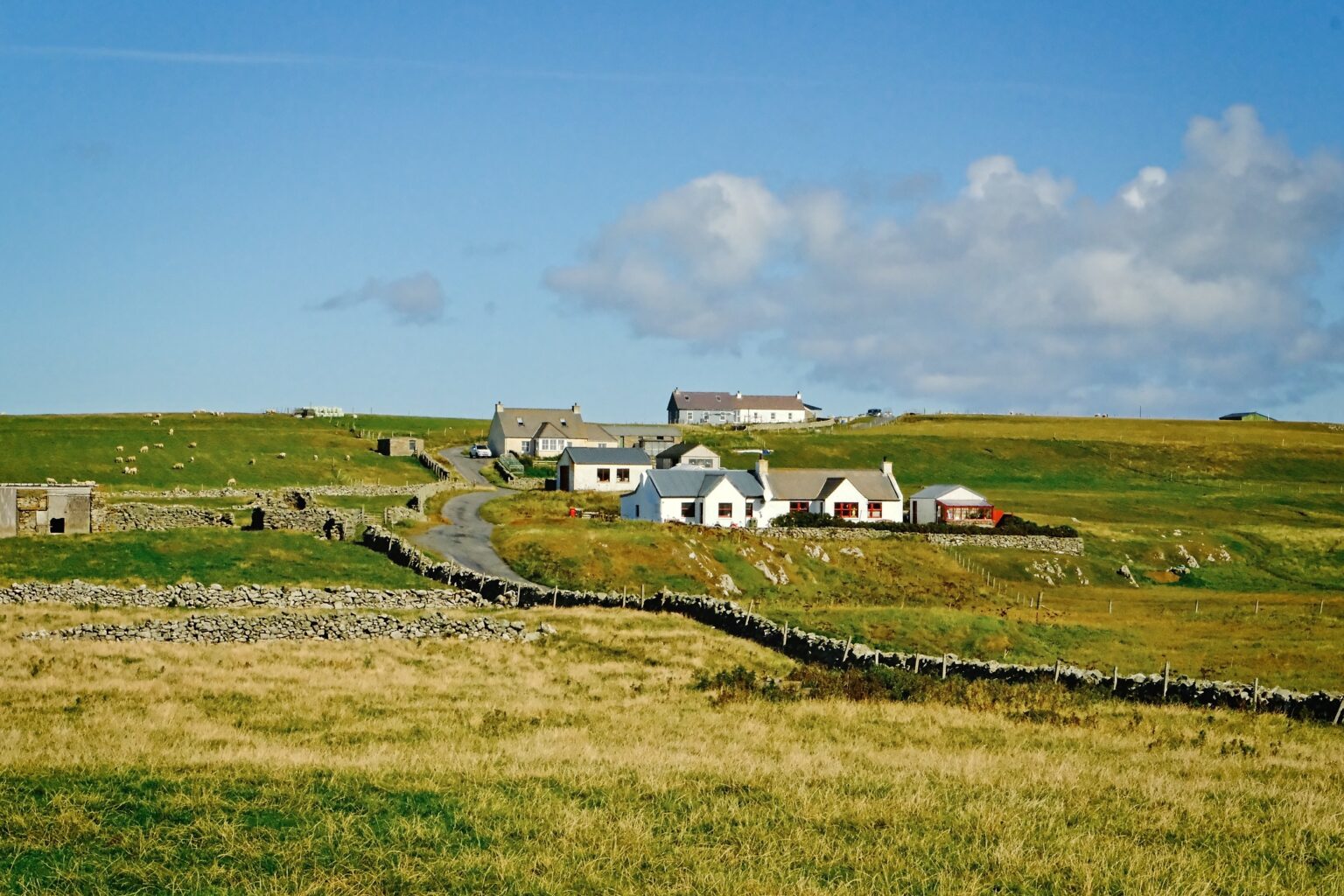 A wide-angle view of a small cluster of remote buildings nestled in the dramatic Scottish island landscape