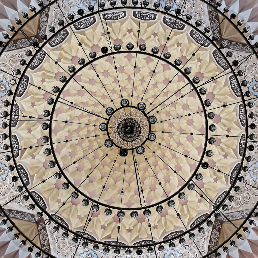 Symmetrical upward perspective of a grand circular dome with detailed religious mosaics and geometric patterns
