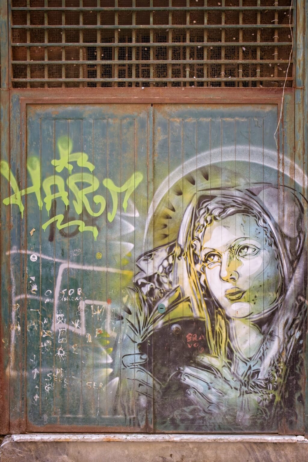 High-contrast editorial shot of urban graffiti art on a weathered door in the streets of Bari
