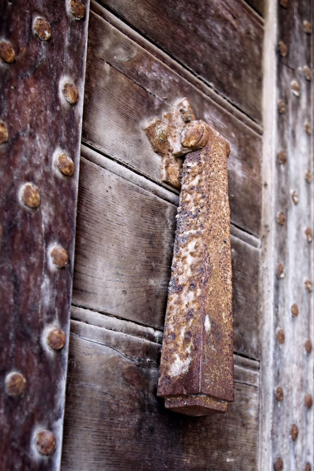 Extreme close-up texture of a rusted, historic metal door knocker on a sun-bleached wooden door