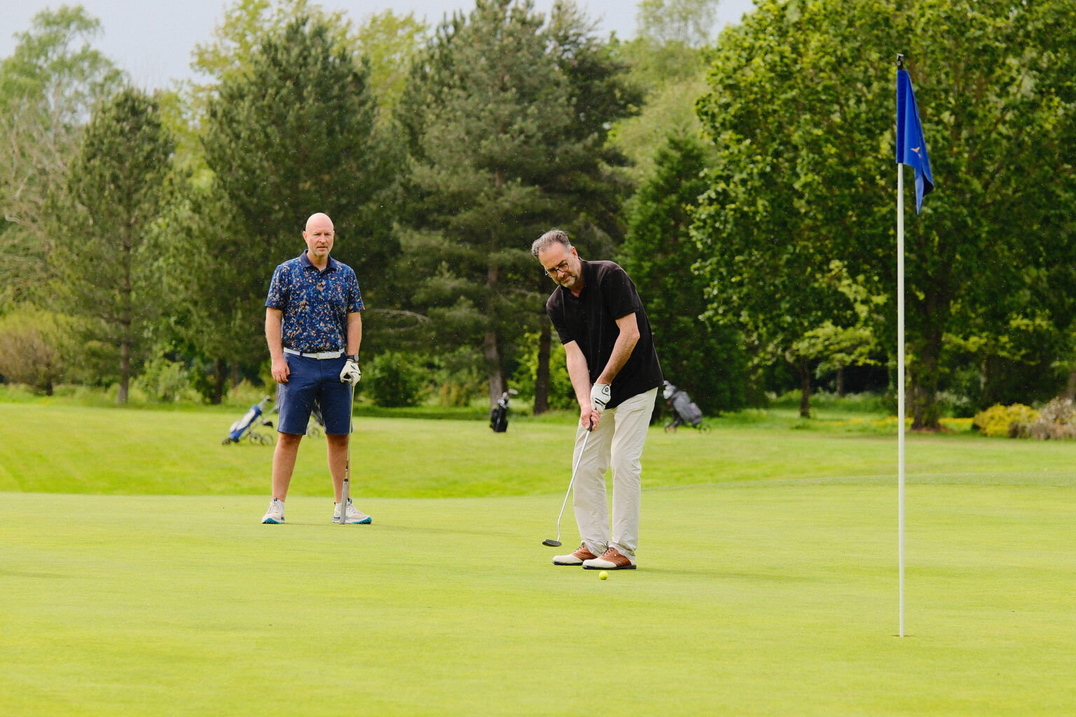 A candid profile shot of a corporate golfer standing alongside a green watching his colleague put