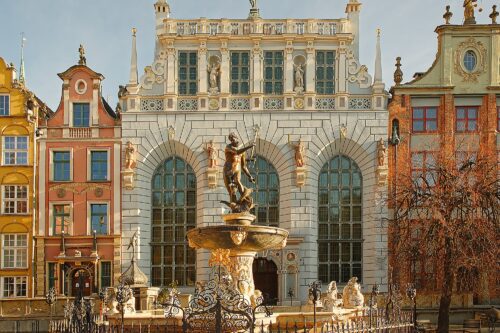Architectural study of Artus Court and the Neptune Fountain in Long Market, capturing the Renaissance detail of the historic merchant center.
