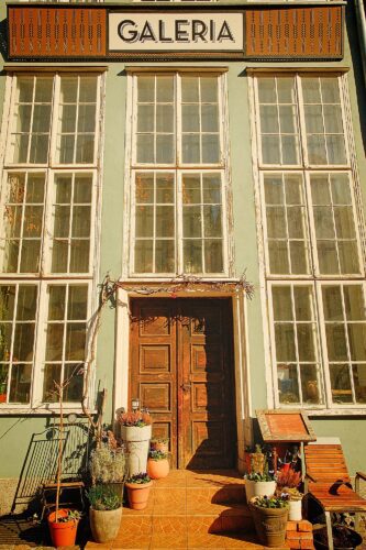 A vertical shot of a traditional "Galeria" storefront on Mariacka Street, featuring high windows, a weathered wooden door, and potted plants on the sunlit steps.